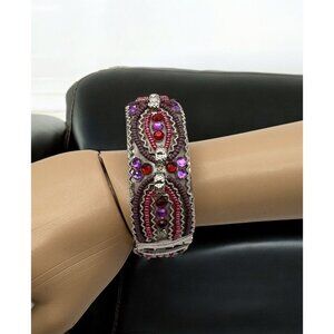 Vintage Hinged Bangle Bracelet Silver Tone With Purple Red Beads Ornate Design